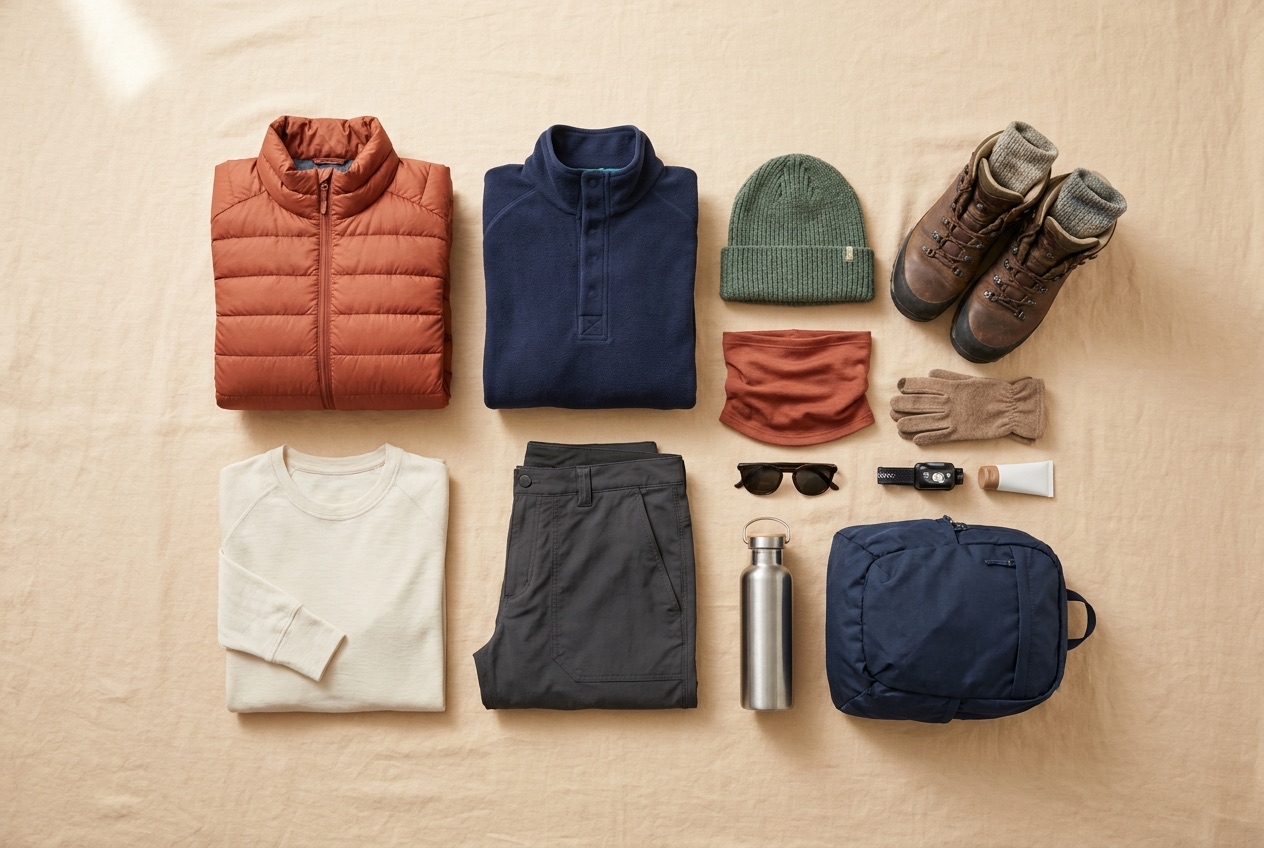 Autumn hiking kit for Mount Teide laid out flat: burnt-orange down jacket, navy fleece, cream base layer, dark hiking trousers, leather boots, green beanie, terracotta neck gaiter, gloves, sunglasses, headtorch, water bottle and navy daypack