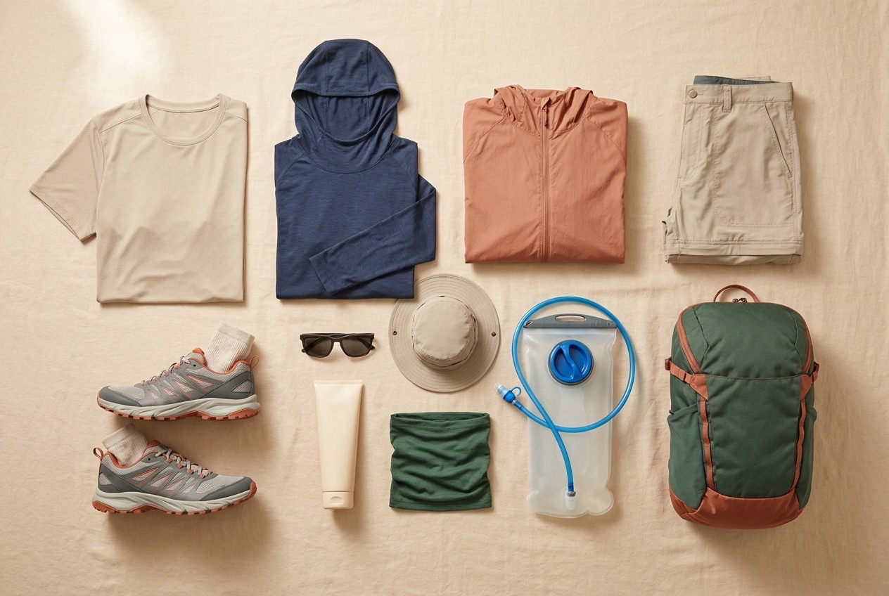 Summer hiking kit for Mount Teide laid out flat: breathable t-shirt, navy sun hoody, light windbreaker, zip-off trousers, trail-running shoes, wide-brim sun hat, sunglasses, sunscreen, neck gaiter, hydration reservoir and daypack