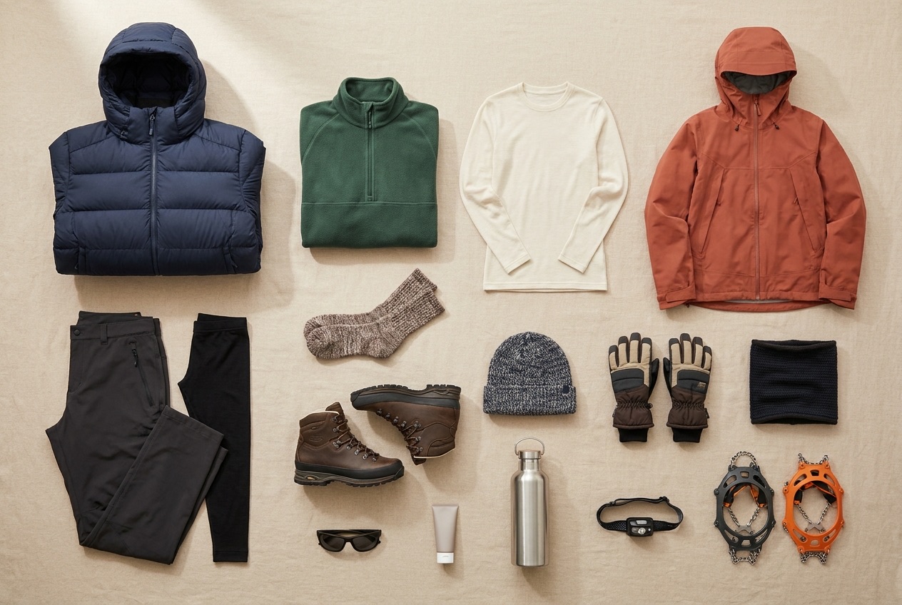 Winter hiking kit for Mount Teide laid out flat: navy down jacket, green fleece, merino base layer, terracotta waterproof shell, thermal leggings, softshell trousers, leather boots, beanie, insulated gloves, neck gaiter, water bottle, headtorch and microspikes
