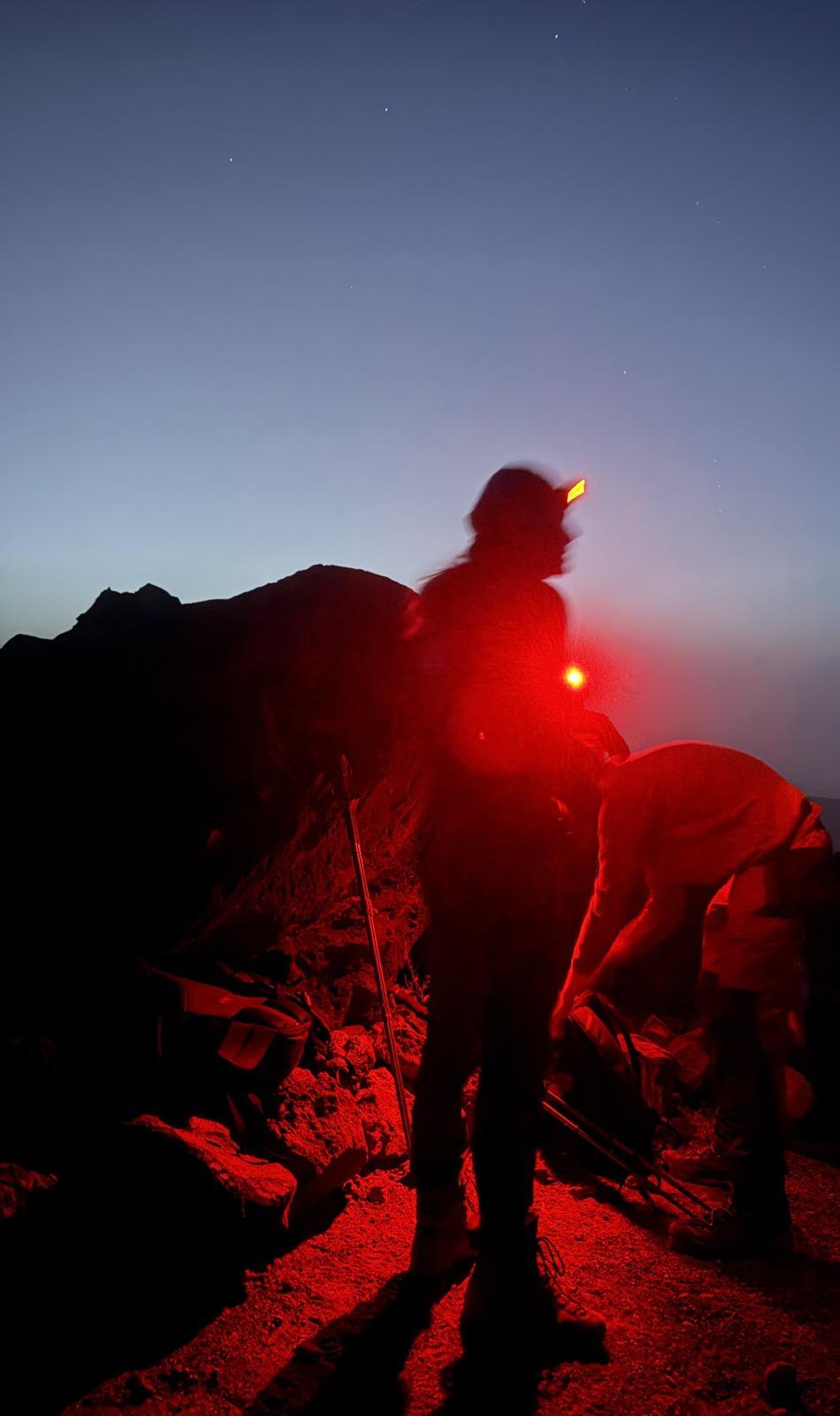 Hikers climbing Mount Teide in the dark with red headlamps