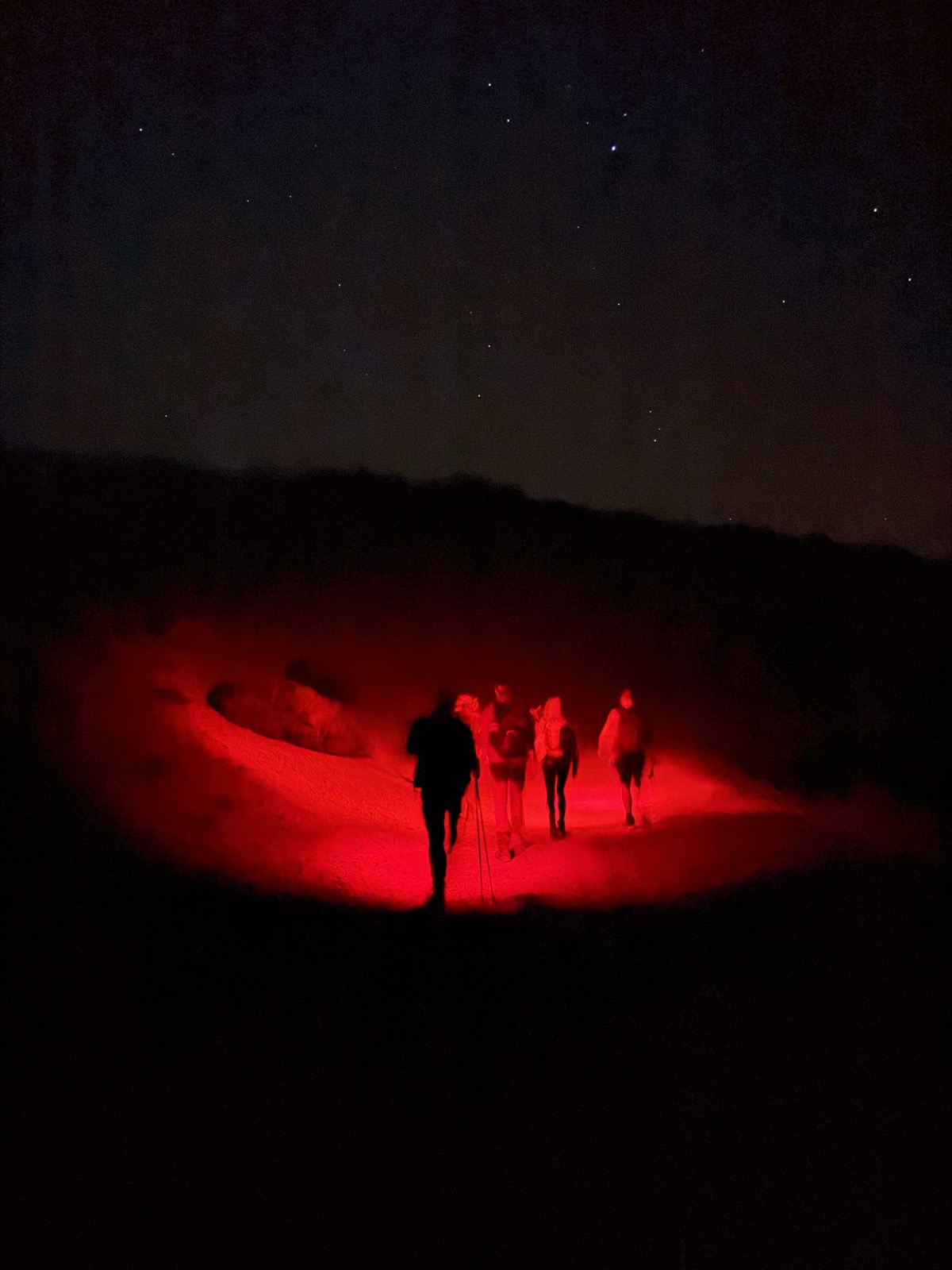 Night hiking group on Mount Teide lit entirely by red head-torch light under a starry sky