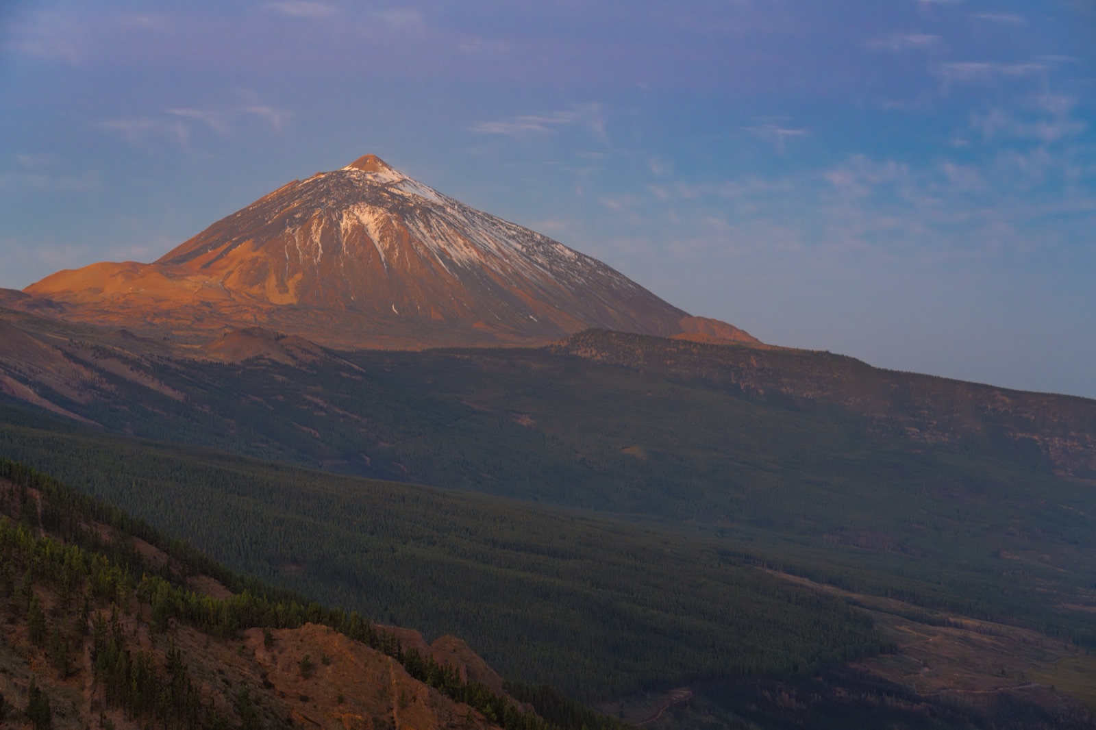 Snow on Teide's summit cone lit by alpenglow